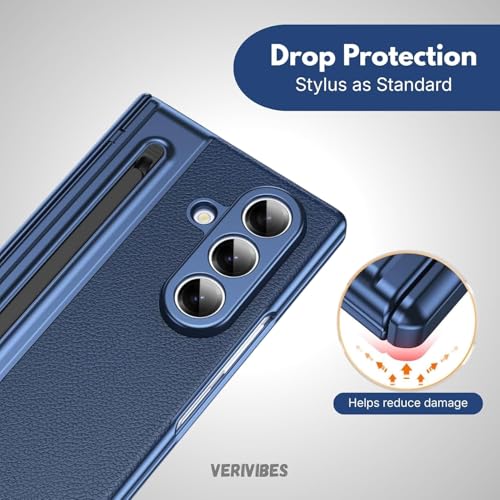 Image of Ultra Hybrid Luxury Leather Compatible with Samsung Galaxy Z Fold 5 (2025)| Built-in S Pen Holder| 360 Hinge Protection | Slim Shockproof Back Cover with Tempered Glass - Blue