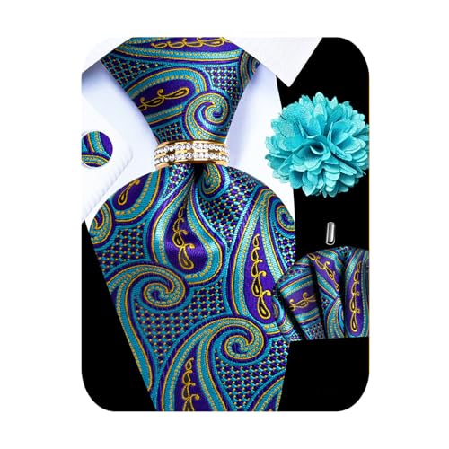 Image of 5PCS Mens Premium Silk Tie, Pocket Square, Cufflinks, Drilled Tie Ring and Lapel Pin Set for Wedding Groom Party