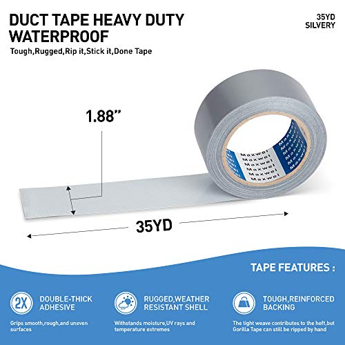 Duct Tape Heavy Duty Waterproof - 1.88\"Wide by 35Yards Adhesive Weatherproof Flexible Professional Grade Multi Use Duct Tape Ideal for Pipe/Sealing/Patching Hot Cold Air Ducts/Metal Repair/Insulation - Thumbnail 4