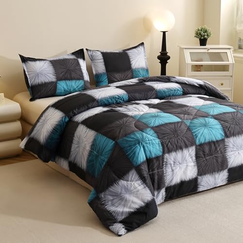 Image of Caressma Black and White Checkered Comforter Bedding Set Queen (90x90 Inch), 3 Pieces Queen Size Blue White Plaid Comforter Set, Fluffy Black Grid Home Decor for All Seasons