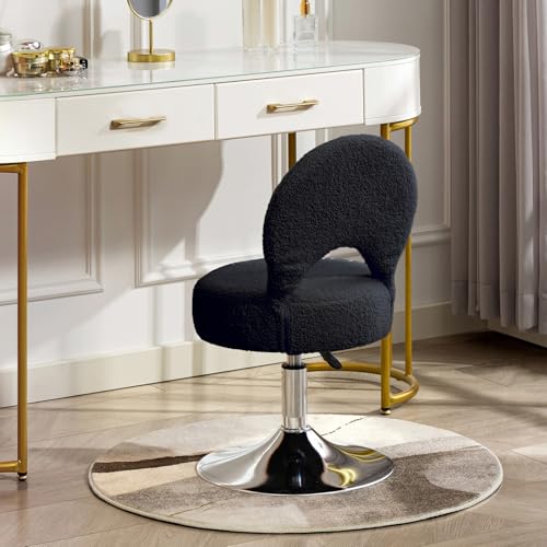 Image of Adjustable Small Vanity Chair with Folding Back for Makeup | 360 Swivel Vanity Stool for Dressing Room | Comfy Teddy Ottoman Stool for Bedroom | Large | Black