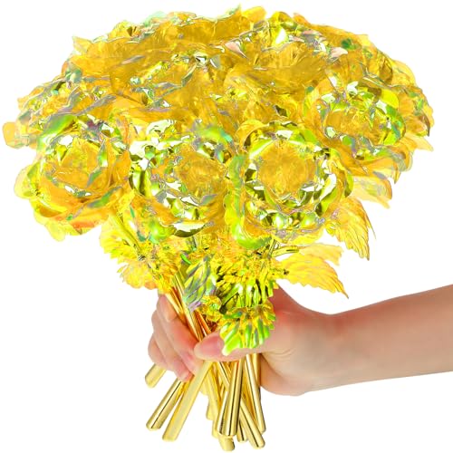 Lyrow 24 Pcs Galaxy Rose Flowers Valentine's Day Gift Flowers with Stems Rose Gift for Her Forever Preserved 24k Fake Crystal Rose for Mother's Day Birthday Wedding Decor, 10''(Yellow)