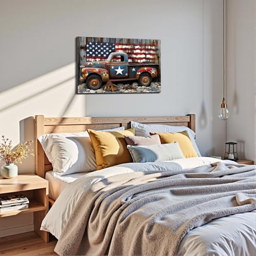 Image of Framed Rustic American Flag Vintage Truck Wall Art, Patriotic Farmhouse Canvas Art Pictures, Distressed USA Wall Decor for Garage Man Cave Living Room, Ready to Hang Made in USA