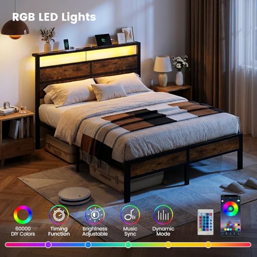 Image of Queen Size Bed Frame with LED Lights and USB Type C Charging Headboard | Brown Metal Platform Bed, Charging Station, Storage Shelf, Noise Free, No Box Spring Needed