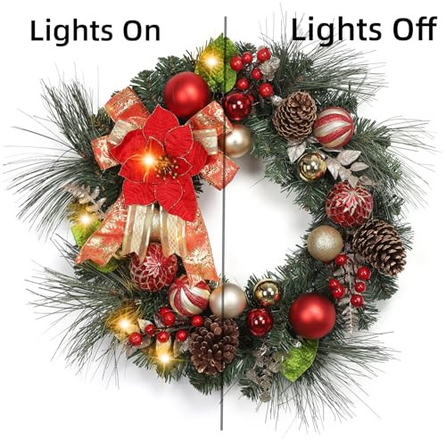 24 Inch Christmas Wreath for Front Door, Prelit Outdoor Christmas Wreath with 20 LED Lights Timer Red Gold Ball Ornaments Pine Cones and Bow for Fireplace Home Holiday Decor
