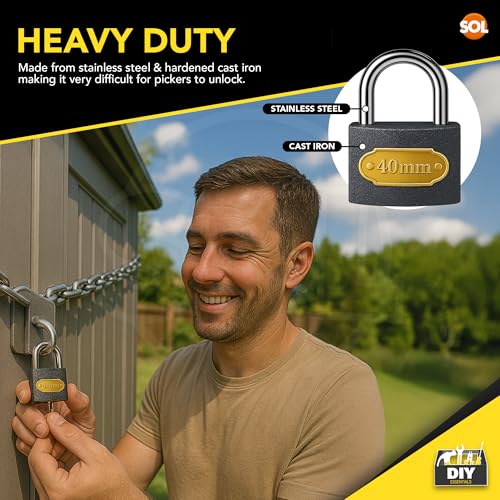 SOL 2pk Heavy Duty Padlocks with Keys – 40mm Outdoor Security Locks with Hardened Steel Shackles – Weather-Resistant Design – Ideal for Shed, Fence, Gate, Toolbox, Storage or Garage Use