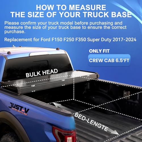 Image of Just-V Hard Tri-Fold Truck Bed Tonneau Cover for Ford F250 F350 Super Duty 2015-2024 Only Fit Crew Cab 6.8 FT Bed (81.9 inch), Upgrade Solid FRP Textured Black