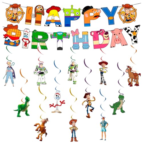 Toy Story-Inspired Birthday Banner - 14Pcs Party Decorations Including Bunting and Hanging Swirls for Kids Theme Celebration