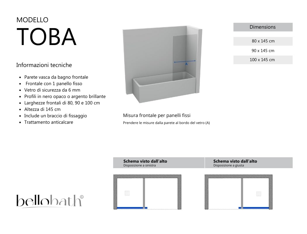 BELLOBATH Parete Vasca Fissa Argento 78-80 cm H 145 cm