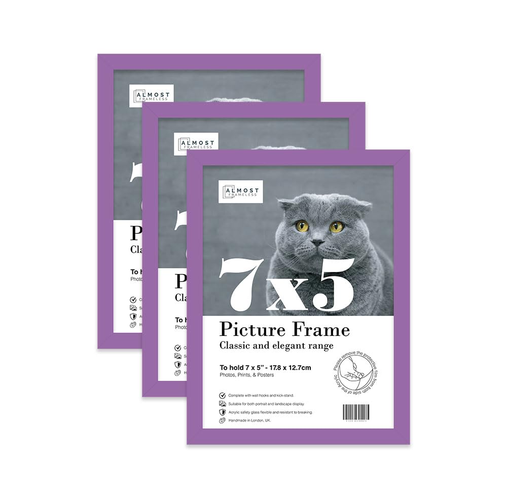 Almost Frameless 7x5 Purple Picture Frame Set of 3, Display 7x5 Picture Gallery Wall, Poster, Photo, Artwork, or Print, Yellow