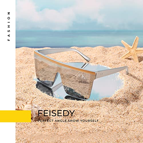 Image of FEISEDY Oversized Square Trendy Sunglasses Womens Mens Futuristic Flat Top Visor Shades UV400 B2470
