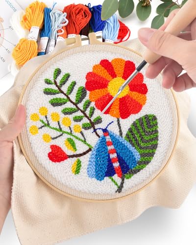 Image of ERKOON Punch Needle Kit Adults Beginners, 2 Pcs DIY Easy Flower Embroidery Set for Starter Art Craft, Needling Punching Project with Patterns, Tools, Yarns, Hoop, Instruction (Safflower)