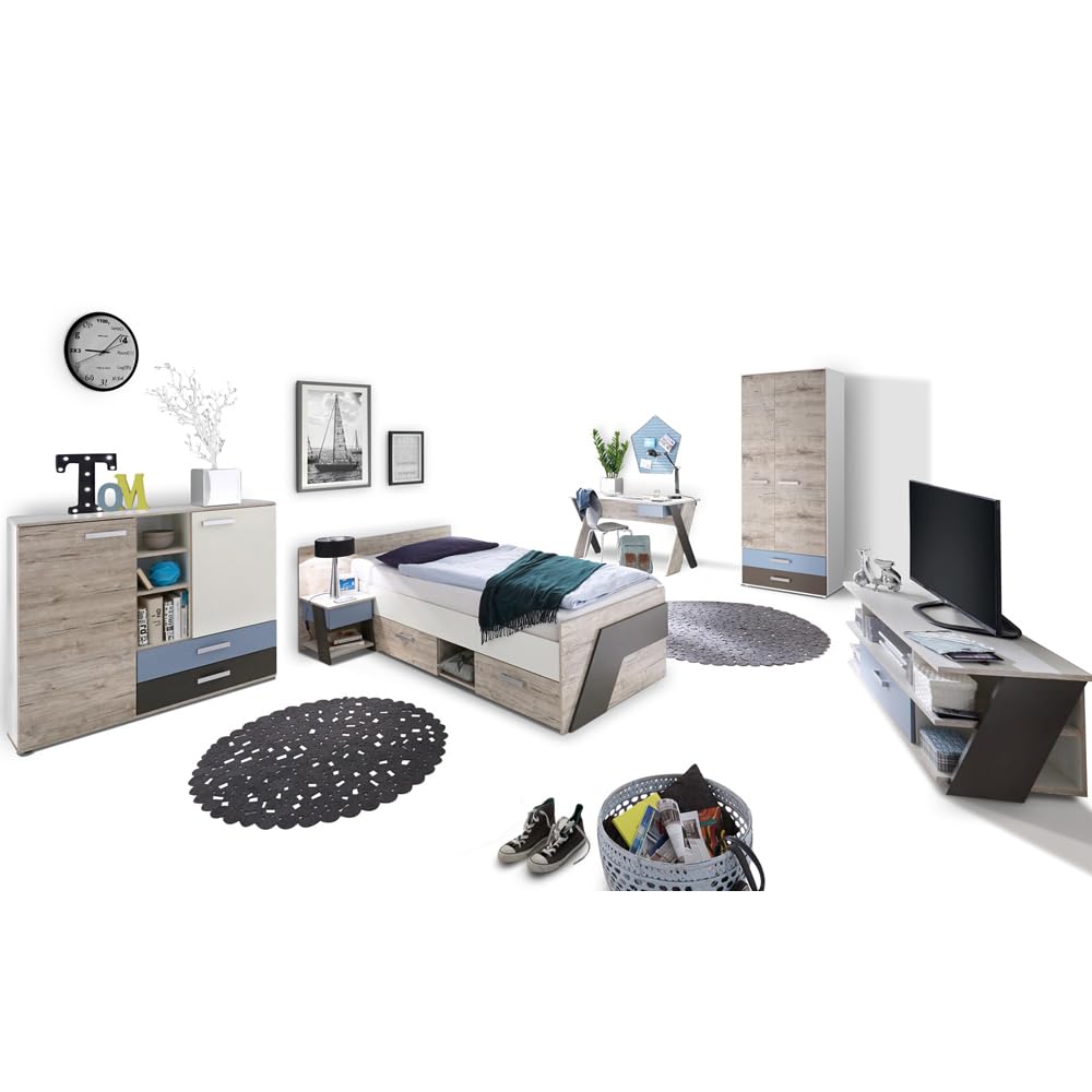 Lomadox Jugendzimmer Kinderzimmer Komplett Set, Sandeiche weiß Lava blau, 90 x 200 cm Jugendbett, Kleiderschrank, Nachttisch, Kommode, TV Lowboard, Schreibtisch