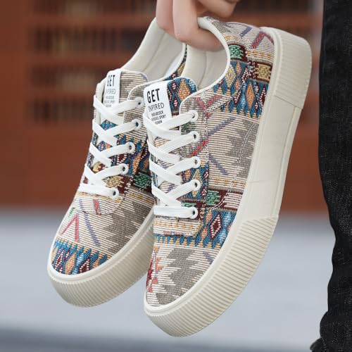 tazimall Men's Ethnic Pattern Lace-up Platform Sneakers, Casual Canvas Shoes4