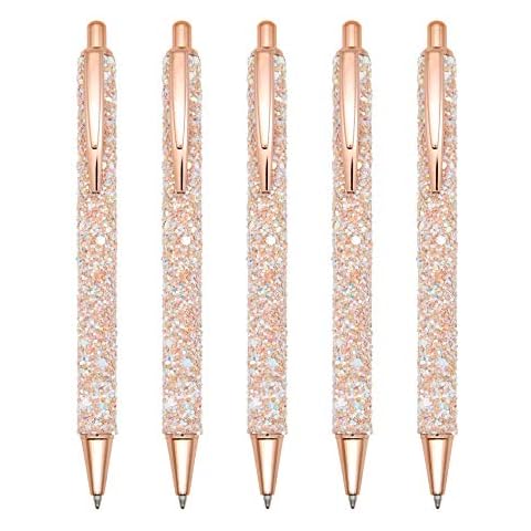 Gullor 5PCS Ballpoint Pens, Glitter Click Ball Pens, Black Ink Medium Point 1mm, for Office Supplies Gift Wedding Birthday, Gold Cover