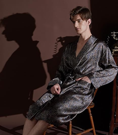 Men's 100% Mulberry Silk Long Robe Kimono Paisley Print Bath Robe, Heavy Silk 19 Momme Dressing Gown2