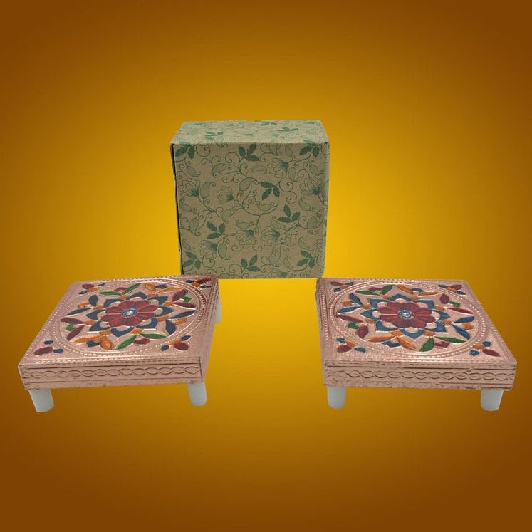 Image of Handcrafted Meenakari Wooden Chowki Puja Bajot - Traditional Decorative Stand for Home Temple, Pooja & Festival Decor (Multicolor)