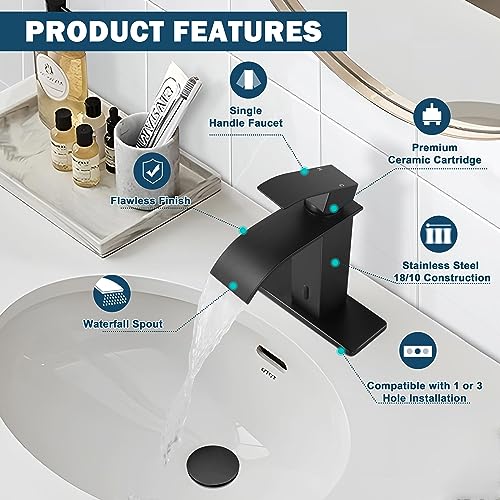 Herogo Touchless Bathroom Sink Faucet, Herogo Automatic Sensor Matte Black Waterfall Stainless Steel Bathroom Faucet With Brass Pop Up Drain thumb #3