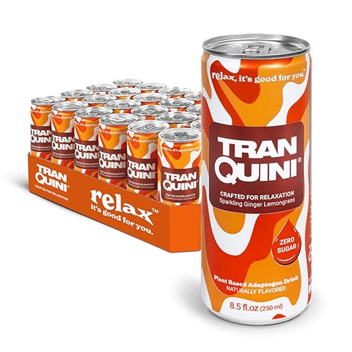Tranquini Calming Drink With Herbal Adaptogens | Sparkling Water Stress Relief Beverage | Sugar Free, Non Alcoholic, Gluten Free, Vegan - 250ml Ginger Lemongrass (24 cans)