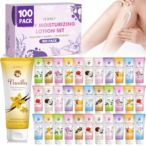 VESPRO 100 Pack Mini Body Lotion Gift Bulk for Dry Skin Body Moisturizer Travel Lotion Bulk Gift for Women Valentines Day Gifts Bulk Thank You Gifts Spa Gifts Teacher Gifts Bulk Gifts for Women