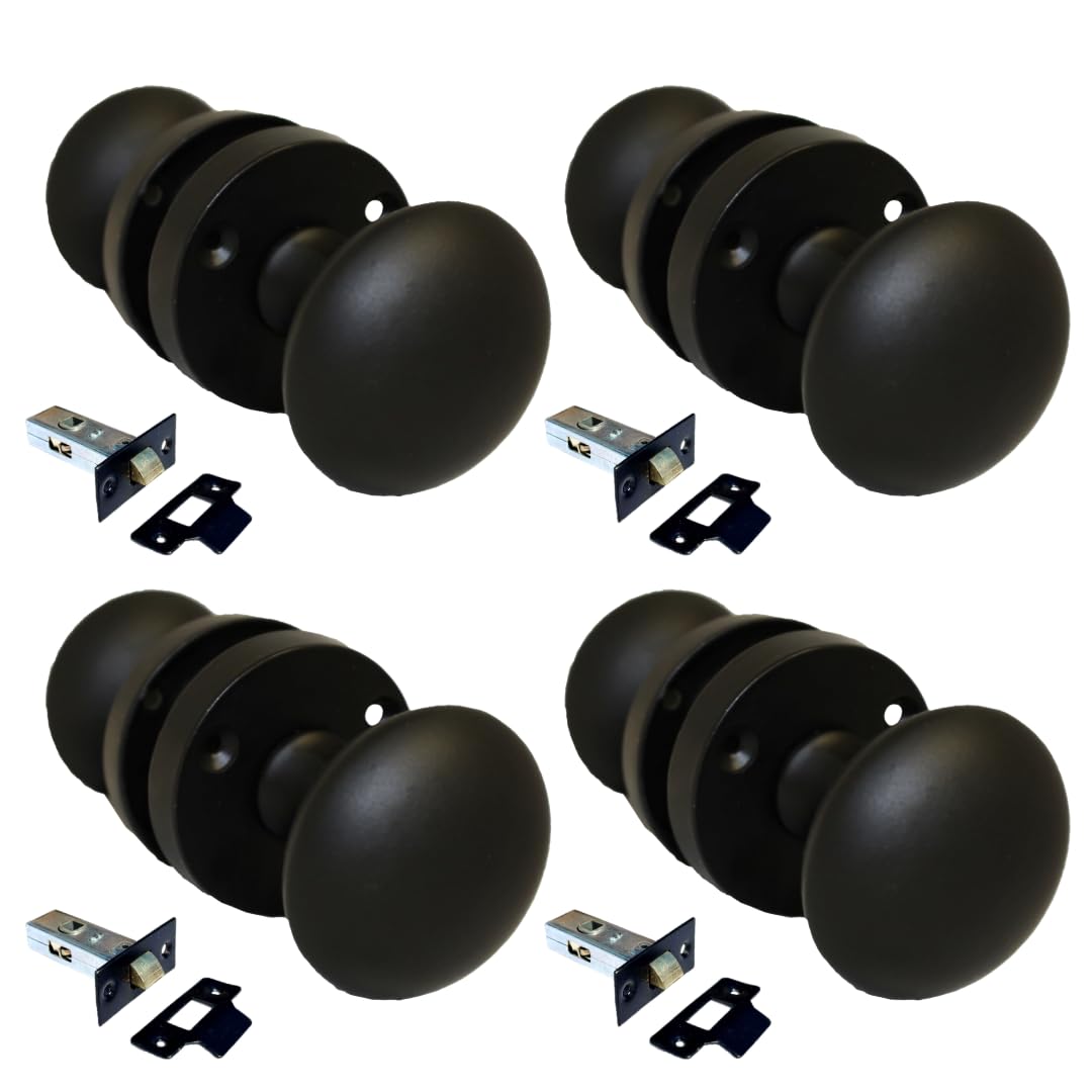Matt Black Round Door Knob Set - Victorian Style Sprung Internal & External Door Knobs for Mortice Locks & Tubular latches (4 Pair of KNOBS + Tubular Latch)