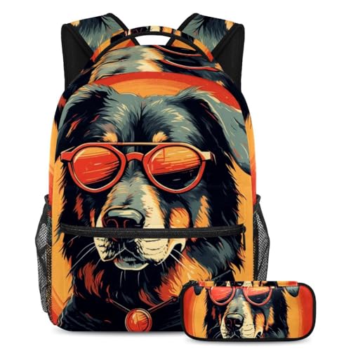 Sac à dos vintage avec lunettes motif chien et trousse pour école
