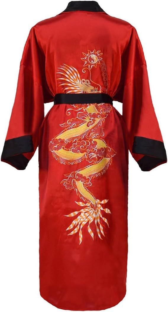 Vestaglia da Uomo Ricamata Giapponese Kimono Reversibile da Notte, Black/Red, M