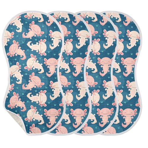 Image of JHKKU Muslin Burp Cloths for Baby Boys and Girls - 4-Pack Ultra Absorbent Cute Axolotl Muslin Washcloths, Newborn Towel, Milk Spit Up Rags, Burp Cloth Bib for Unisex, 22 x 11 Inch