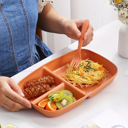 Image of 3 Compartment Divided Plates for Picky Eaters, Campers, Dinner, Food, Fruit, Salad, Side Dishes, Buffet and Party Bpa Free, Non Toxic Dishwasher & Microwave Safe (Orange, Pack of 4)
