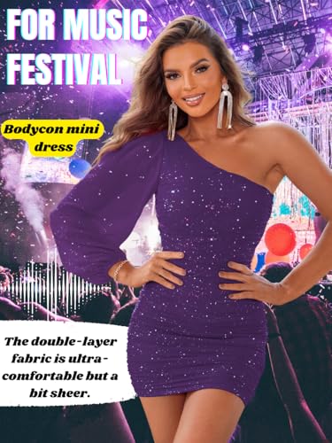 Image of ShawGobow Sparkly Outfits for Women,One Shoulder Ruched Bodycon Short Prom Dress,Sexy Dresses Cocktail Homecoming Nye