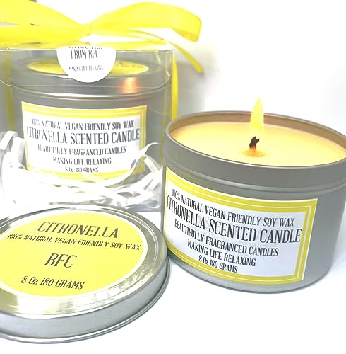 Citronella Scented Soy Wax Candle - Handmade by BFC - Citronella Scented 36 Hours Burn Time 8 Oz 180 Grams Soy Wax Candle Silver Brush Finish Tin. Citronella Scented Fragranced Candle