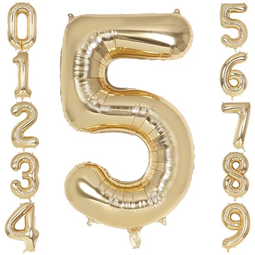 Image of Champagne Gold Large Number 5 Balloon, 40 Inch Light Gold Foil Helium Number Balloons, Giant Mylar Number 5 Balloons for 5 Years Old Birthday Party Anniversary Decorations