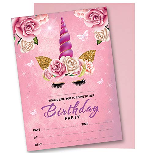 DRAAK 30 convites de festa de aniversário de unicórnio para meninas e meninos, pacote de 30 unidades, cor rosa