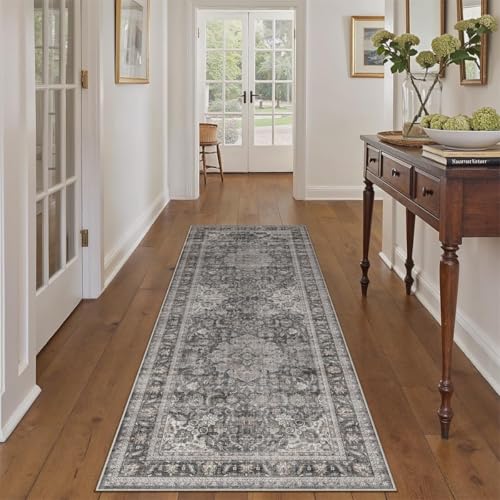 2x5 Washable Black Grey Vintage Runner Rug for Kitchen Hallway Non-Slip Low Pile Carpet Traditional Retro Distressed Accent Vacuumable Throw Rug for Entryway Bedroom Indoor