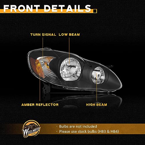 Image of WEELMOTO Headlights for 2003-2008 Toyota Corolla Halogen Headlamp Assembly | Clear Lens Black Housing Amber Reflector, Left+Right Side, Plug-and-Play, Halogen Headlamps, OEM: 81150-02360, 81110-02370