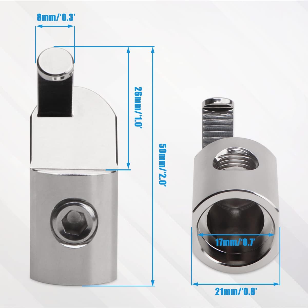 URLWALL 2PCS Input Wire Gauge Reducer, Offset Angled 1/0 Gauge to 4 Gauge Amp Input Reducers, Car Audio Power/Ground Input Reducer Connection Brass with Nickel Plated (Silver) : Electronics