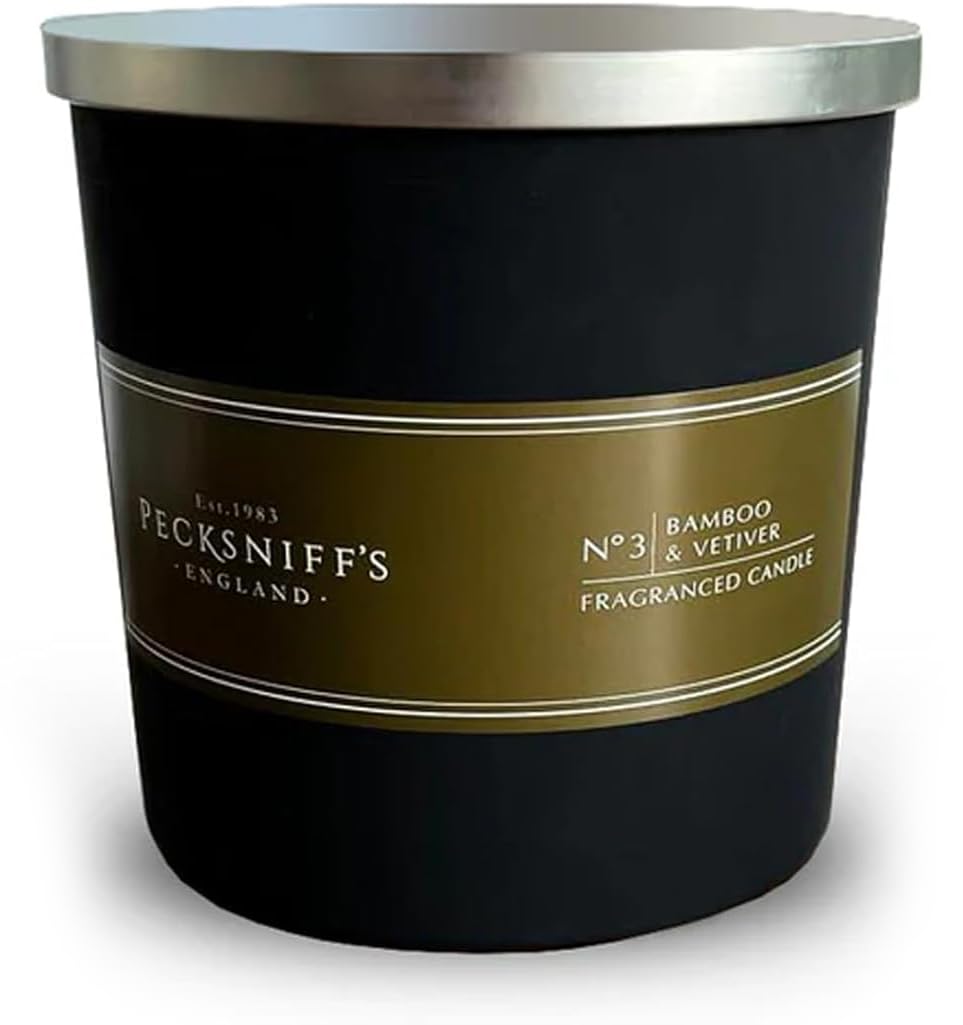 Pecksniffs Bamboo and Vetiver 3-Wick Scented Candle – 9.9 oz/283g – Premium Aromatherapy Experience with Silicone Dust Cover – Citrus, Herbal, and Woody Fragrance Blend