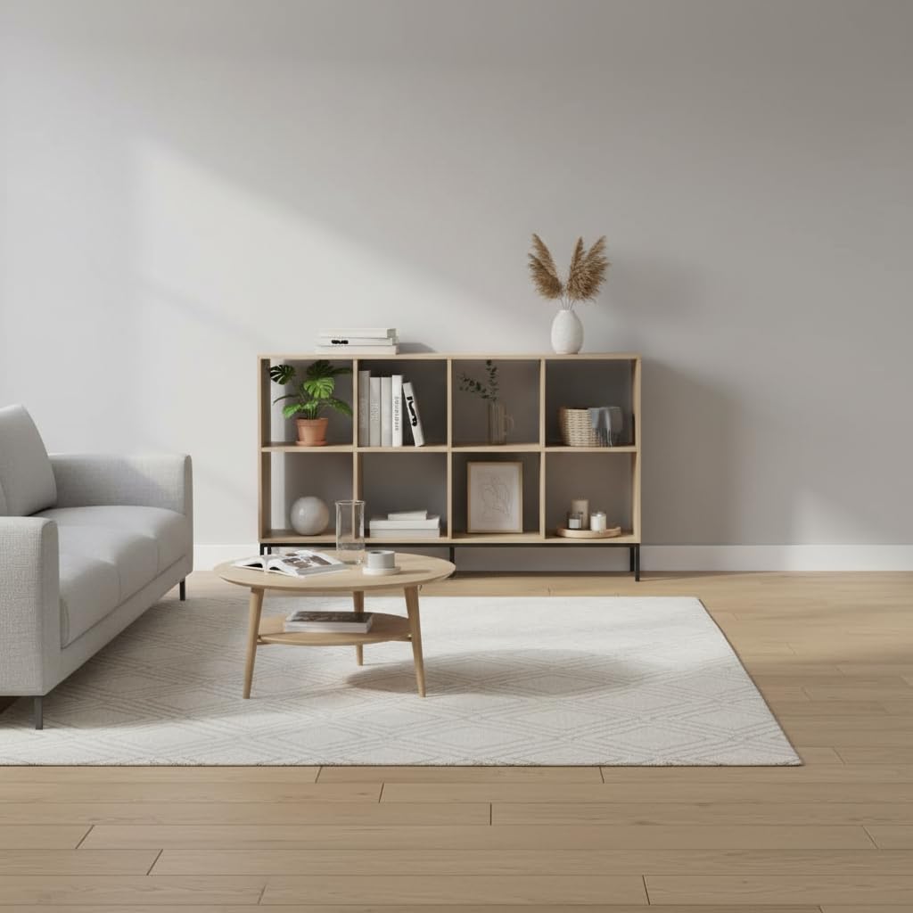 MOBLEKIT | Estantería Cubo 8 Compartimentos 118×29×72 cm, Estantería de Madera con Patas Metálicas, Librería Baja de Almacenaje con Baldas Amplias, Mueble Auxiliar para Salón, Dormitorio o Despacho