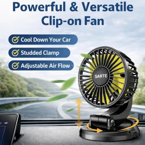 Image of SARTE Car Fan12 Volt Hi Speed 360 Rotatable and Portable Mini Air Cooler with Brushless Motor, Ultra Silent 2 Speed Adjustable Electric Summer Fan for SUV, Truck, Bus & Home