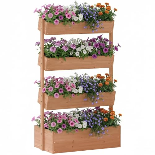 Outsunny Jardinière Surélevée en Bois avec 4 Étages, Carré Potager de Jardin avec Trous de Drainage et Doublure en Tissu pour Herbes, Fleurs, Légumes,...