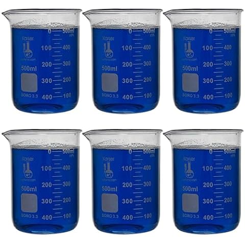 500ml Beaker, Low Form Griffin, Borosilicate 3.3 Glass, Double Scale, Graduated, Karter Scientific 213D18 (Pack of 6) Cover