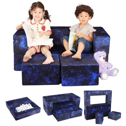 MOMCAYWEX 3-in-1 Kids Play Couch for Toddler, Imaginative Dark Blue Universe