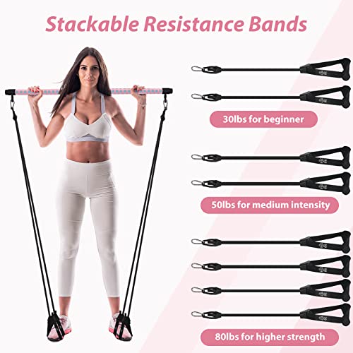 Pilates Bar Kit With 4 Resistance Bands, 3-Section Adjustable Yoga Pilates Stick For Women & Men, Portable Home Gym Workout Equipment For Full Body Shaping (Pink) #TOP1