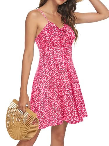 Image of Missufe Spaghetti Strap Floral Mini Dress Women's Casual Ruched Front Drawstring Swing Sundress