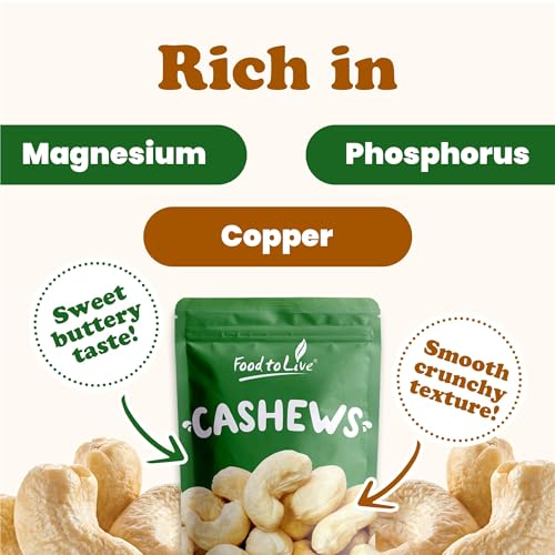 Food to Live - Raw Cashews, 8 Pounds Deluxe Whole Nuts, Unsalted, Unroasted Fancy Snack, Size W-320, Kosher, Vegan, Bulk, A good source of Magnesium, Phosphorus, Manganese & Copper