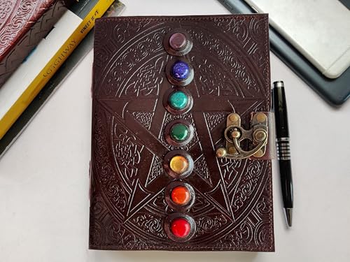 Image of RUSTIC TOWN Vintage Dark Brown Real Leather Multi-Stone Journal Embossed Handmade Vintage Diary Stone Paper Notebook with Metal Lock (Medium, 7-Stone)
