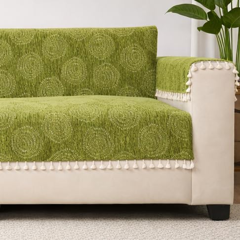 Image of STITCHNEST Woven Fabric Sofa Cover 2 Seater with 2 Hand Rest Covers - Washable Green Sofa Cover with Tassels - Durable Premium Fabric - Stylish Sofa Protector for Living Room & Furniture Decor