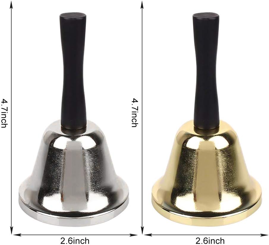 12Pcs Hand Bells Silver and Gold Steel Service with Black Wooden Bell for School Church Adults Classroom Wedding Decorative -