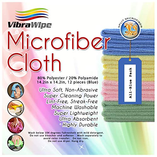 Vibrawipe Microfiber Cleaning Cloth, Thick And Large Size 14.2 X14.2 Inches, 12-Pack, Blue, Microfiber Cloth, Cars, Glass, Window, Dish Cloths, Machine Washable, Reusable, Lint-Free #TOP1