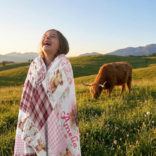 Image of Personalized Highland Cows Blankets,Custom Cow Gifts for Girls Boys,Soft Lighweight Flannel Cow Throw Blanket with Name,30 inchx40 inch